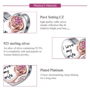 FOREVER QUEEN 925 Sterling Silver I Love My Wife Heart Love with 3D Rose Flower Charms Beads for Bracelets Necklaces Wedding Valentine's Day Mother's DayGift Jewelry for Women