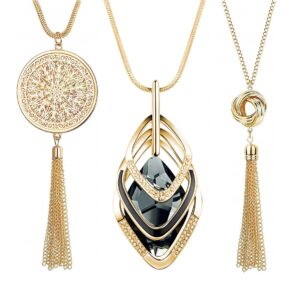 Gexo 3PCS Long Pendant Necklaces for Women Disk Circle Pendant Triple Stack Pendant Necklace Tassel Sweater Necklace Statement Necklace Set