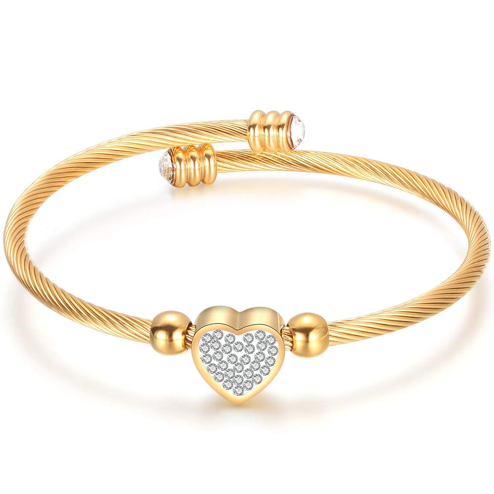 Jude Jewelers Stainless Steel Cable Wire Heart Charm Bangle Bracelet (Gold)