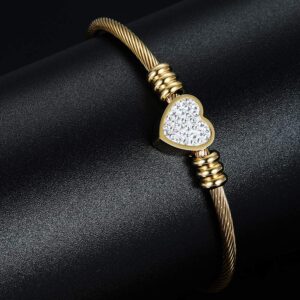 Jude Jewelers Stainless Steel Cable Wire Heart Charm Bangle Bracelet (Gold)