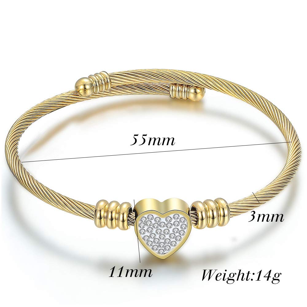 Jude Jewelers Stainless Steel Cable Wire Heart Charm Bangle Bracelet (Gold)