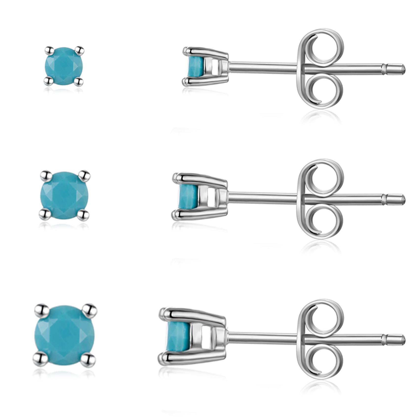 Sterling Silver Stud Earrings for Men Women- Hypoallergenic Tiny Turquoise Stud Earring Set White Gold Plated Round Prong-Set Birthstone Small Earrings(2mm/3mm/4mm)