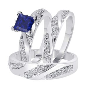 foreverjewelryhub 1.00 carat princess cut blue sapphire & cz diamond 14k white gold over 925 sterling silver his & her engagement bridal wedding band trio ring set