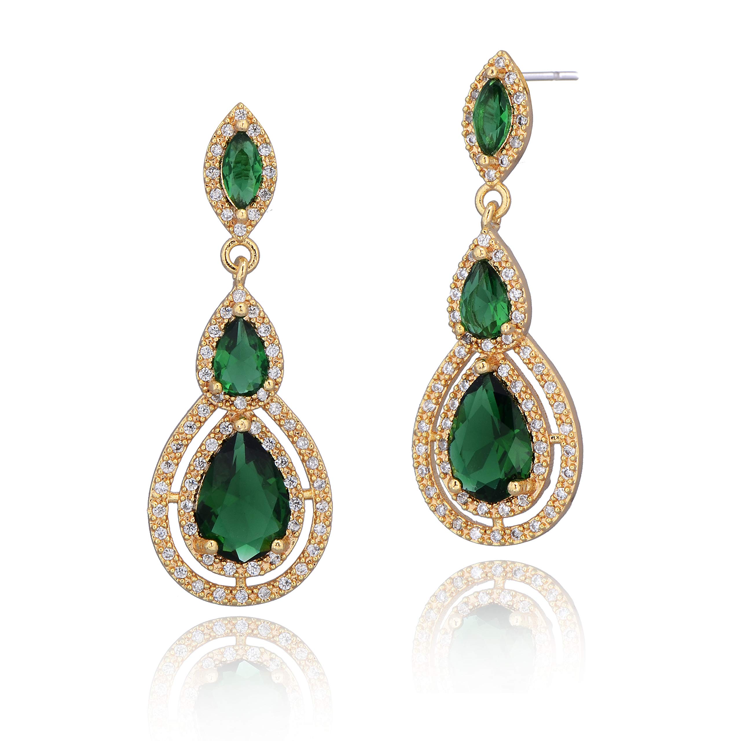 Emerald Green Cubic Zirconia Earrings - Elegant Sterling Silver CZ Teardrop Wedding Party Prom Earrings for Bride Bridesmaids Crystal CZ Rhinestone Dangle Drop Earrings for Women Hypoallergenic