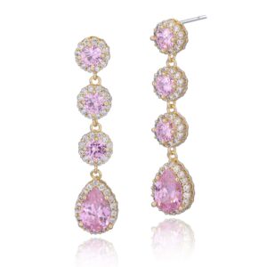 cubic zirconia bridal earrings gold - long 14k plated pink teardrop cz wedding party prom earrings for bride bridesmaids crystal cz rhinestone chandelier statement dangle drop earrings for women