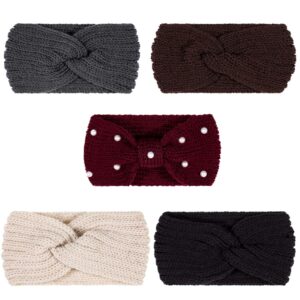 Whaline 5 Pieces Winter Knit Headbands Chunky Knit Headbands,4 Elastic Turban Head Wraps and 1 Pearl Crochet Hair Band, Ear Warmer Crochet Head Wraps for Women Girls (Autumn&Winter Colors)