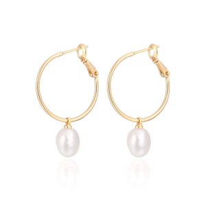 PEARLADA Gold Huggie Hoop Earrings with Charms Fashion Pearl Drop Dangle Earrings for Women Handmade Karma Circle Jewelry for Ladies Lightweight Pearl Earrings on Christmas