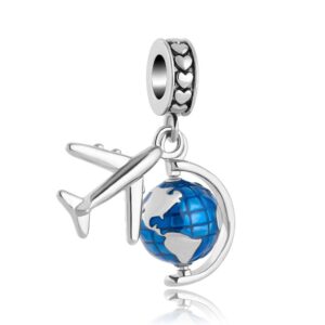 925 Silver Aircraft Travel Globe Dangle Charms Beads Pendants Fit for Pandora Bracelets Charm DIY Jewelry Gift for Women Girls