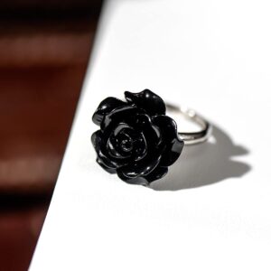 YINUJIAO 925 Sterling Silver Romantic Delicate Black White Red Floral Blooming 3D Carved 20MM Rose Flower Rings Adjustable Cuff Ring For Women and Men Adults (Black)