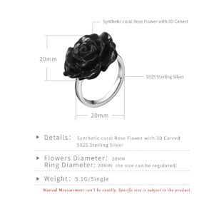 YINUJIAO 925 Sterling Silver Romantic Delicate Black White Red Floral Blooming 3D Carved 20MM Rose Flower Rings Adjustable Cuff Ring For Women and Men Adults (Black)