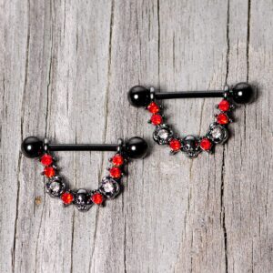 Body Candy 14G Womens Nipplerings Piercing Steel 2Pc Black Red Accent Rose Skull Dangle Nipple Ring Set 5/8"