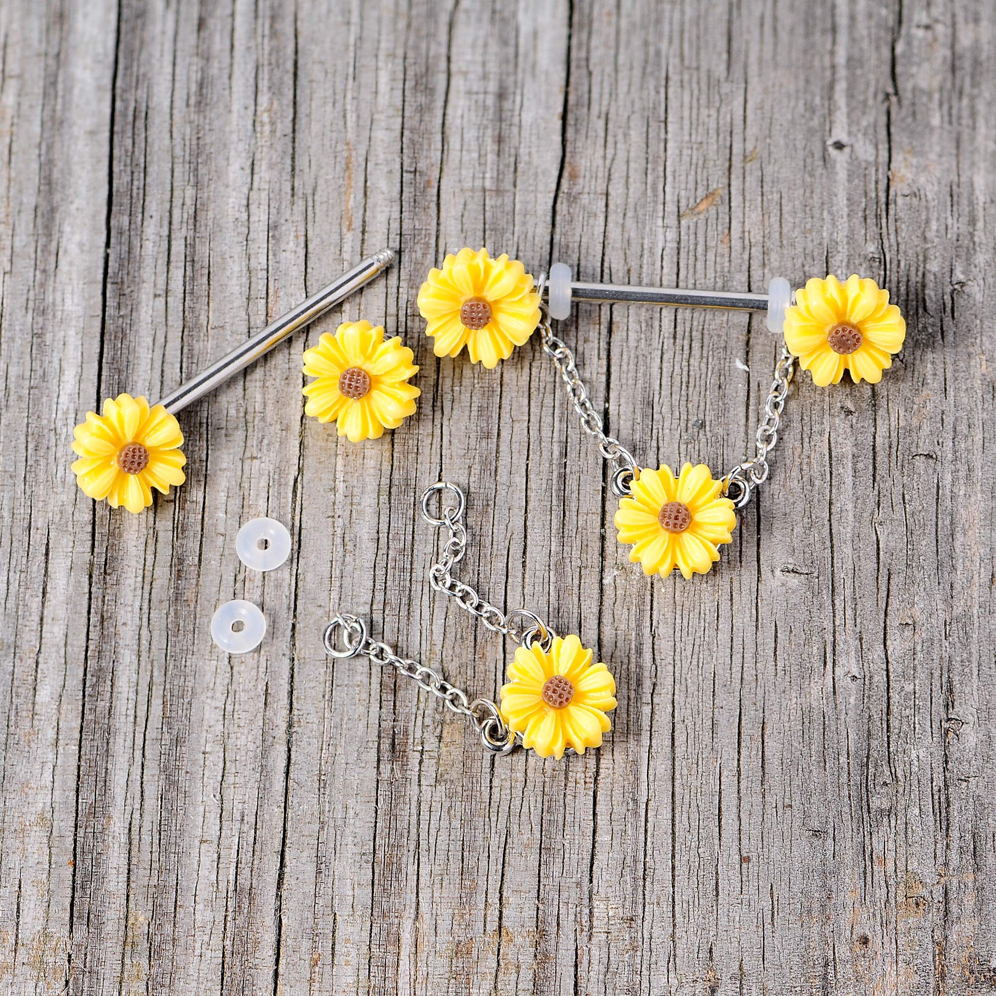 Body Candy 14G Womens Nipplerings Piercing Steel 2Pc Summer Yellow Sunflowers Dangle Nipple Ring Set 5/8"