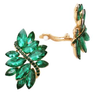 rosemarie collections women's dazzling crystal marquis leaf cluster statement clip on earrings, 1.87" (green emerald crystal gold tone)