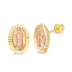 14k REAL Two Tone Gold Our Lady Guadalupe Diamond Cut Stud Earrings with Screw Back