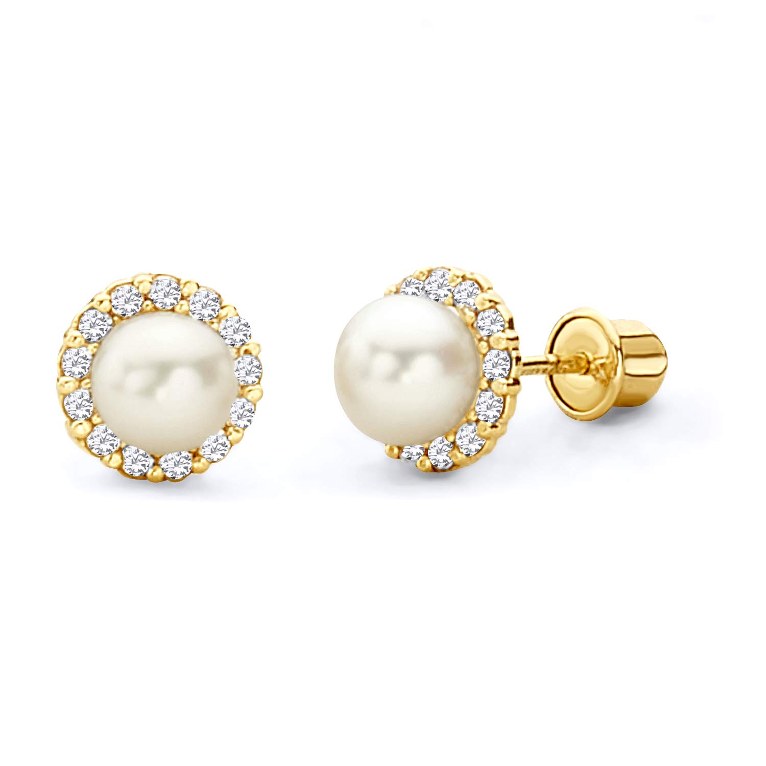 14k REAL Yellow Gold Freshwater Cultured Pearl & CZ Stud Earrings with Screw Back