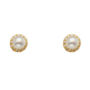 14k REAL Yellow Gold Freshwater Cultured Pearl & CZ Stud Earrings with Screw Back