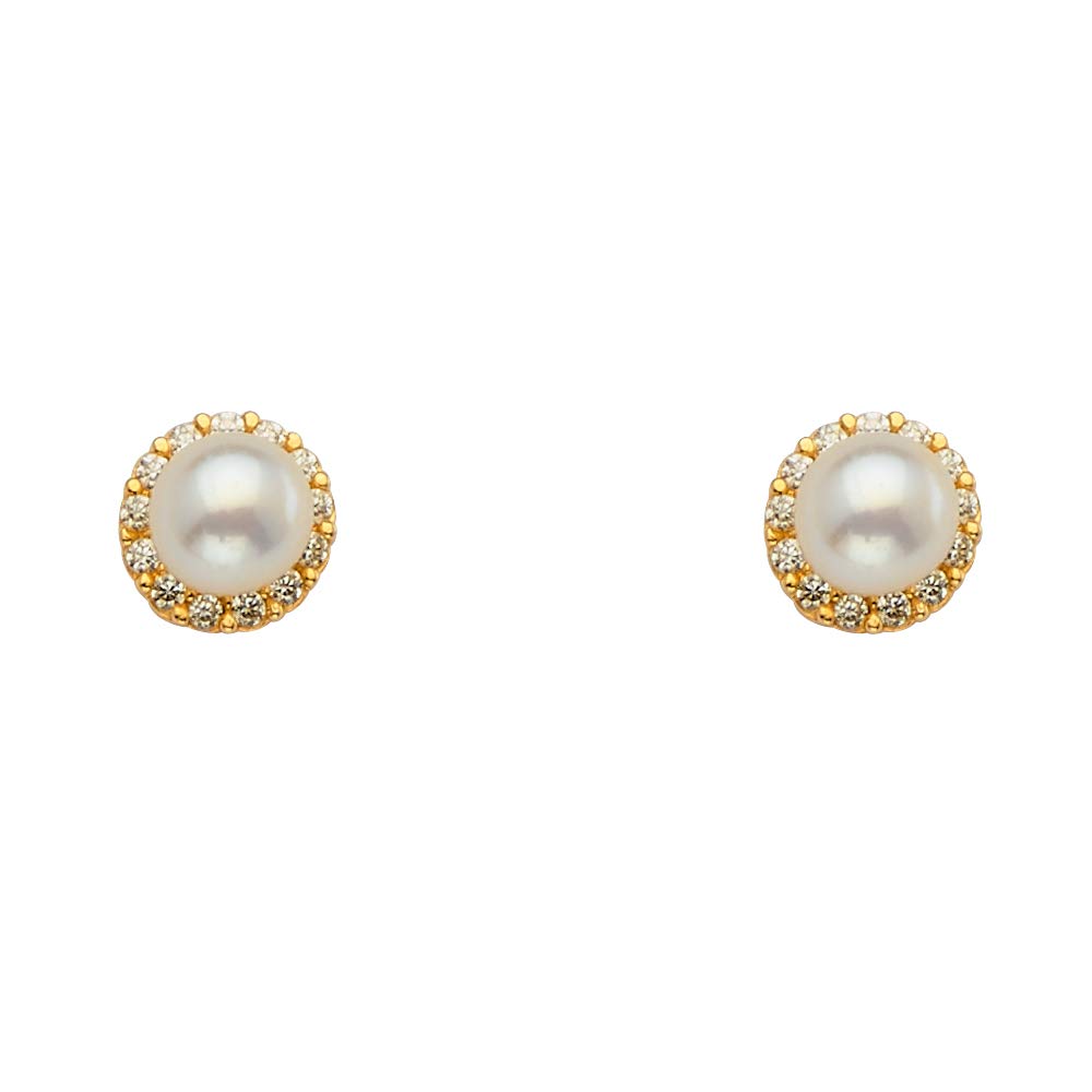 14k REAL Yellow Gold Freshwater Cultured Pearl & CZ Stud Earrings with Screw Back