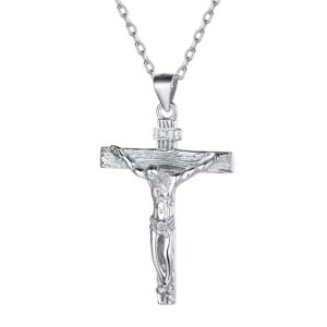 Nofade Silver Cross Necklace for Women Sterling Silver Catholic Jesus Christ on INRI Cross Crucifix Pendant Necklace for Men Religious Chain Christian Jewelry Gift