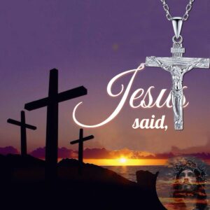 Nofade Silver Cross Necklace for Women Sterling Silver Catholic Jesus Christ on INRI Cross Crucifix Pendant Necklace for Men Religious Chain Christian Jewelry Gift