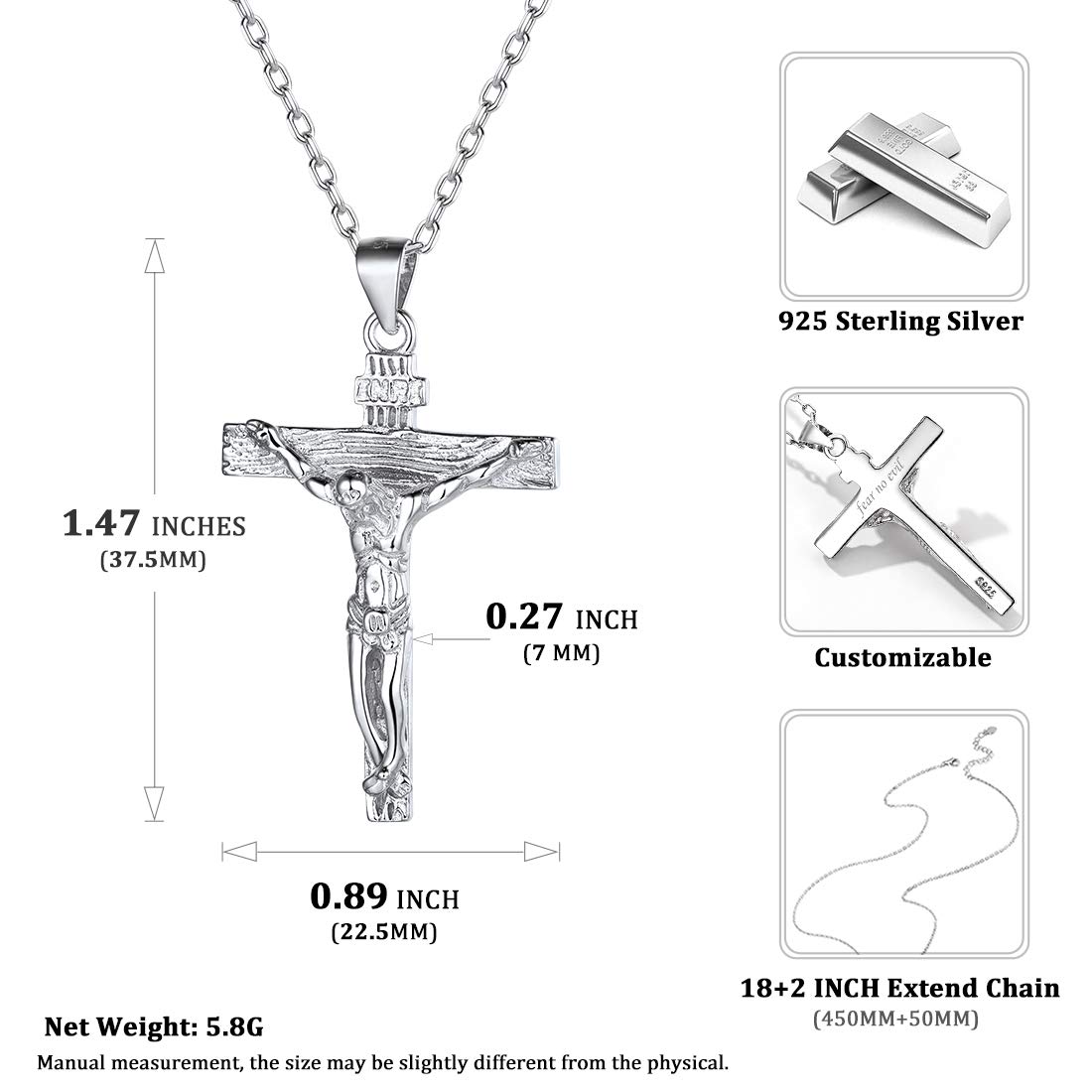 Nofade Silver Cross Necklace for Women Sterling Silver Catholic Jesus Christ on INRI Cross Crucifix Pendant Necklace for Men Religious Chain Christian Jewelry Gift