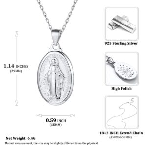 Nofade Silver Virgin Mary Necklace for Women Men 925 Sterling Silver Oval Pendant Necklace Catholic Religious Christian Jewelry