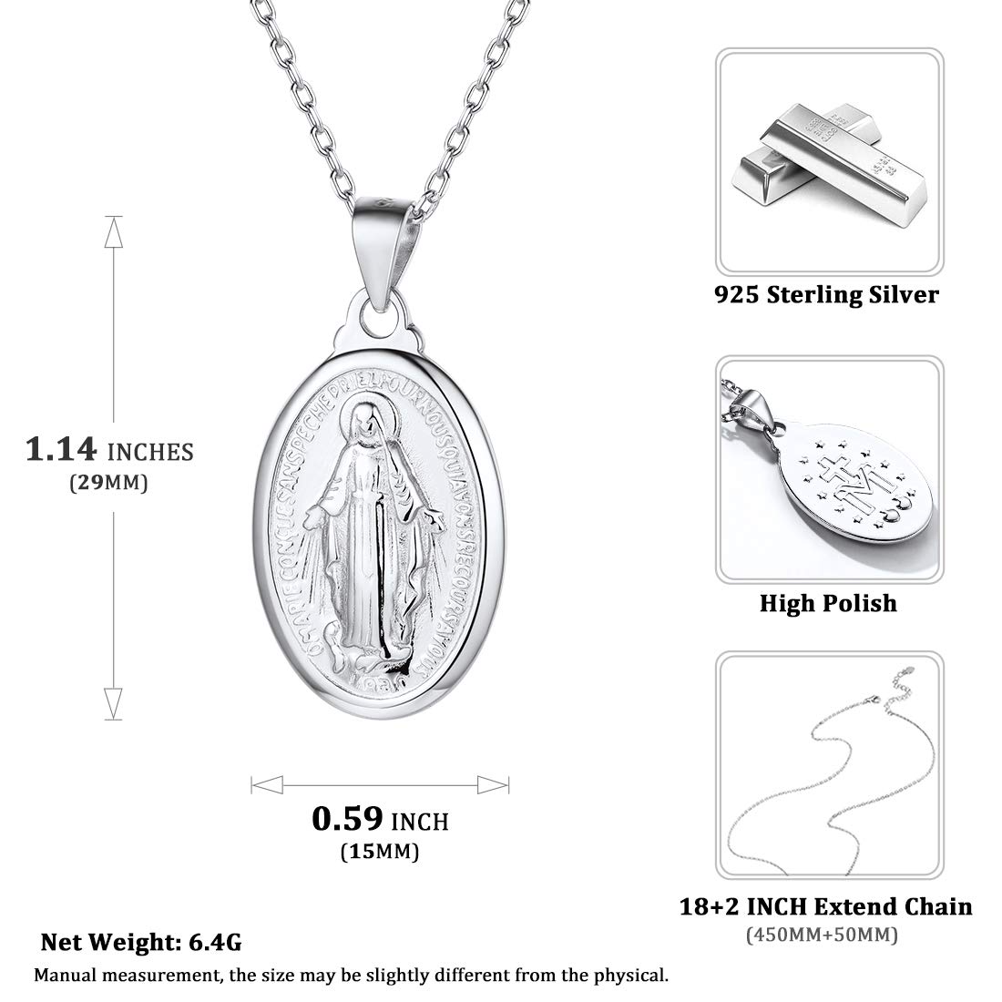 Nofade Silver Virgin Mary Necklace for Women Men 925 Sterling Silver Oval Pendant Necklace Catholic Religious Christian Jewelry