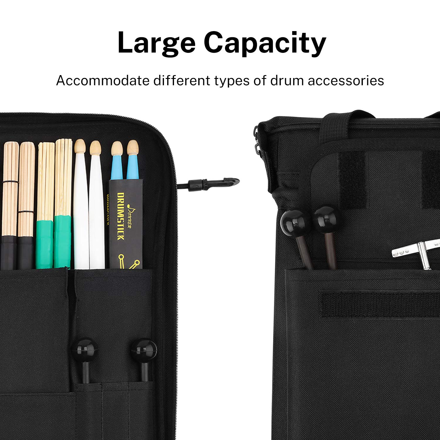 Donner Drumsticks Bag Holder Thickened Large Capacity Drum Sticks Bag Hangable Portable for Drumsticks Brushes Mallets Up to 12 Pairs, Black