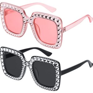 Frienda 2 Pieces Oversize Square Sparkling Sunglasses Retro Thick Frame Sunglasses (Clear Pink, Black)