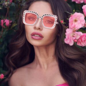 Frienda 2 Pieces Oversize Square Sparkling Sunglasses Retro Thick Frame Sunglasses (Clear Pink, Black)