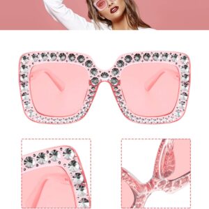 Frienda 2 Pieces Oversize Square Sparkling Sunglasses Retro Thick Frame Sunglasses (Clear Pink, Black)