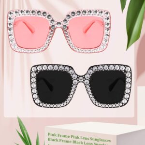 Frienda 2 Pieces Oversize Square Sparkling Sunglasses Retro Thick Frame Sunglasses (Clear Pink, Black)