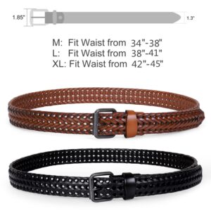 WERFORU 2 Pack Men’s Leather Braided Belt, Cowhide Leather Woven Belt for Jeans 1.3 Inch Wide with Prong Buckle,Black+Orange Brown,Fits Pants Size 34-38 Inches