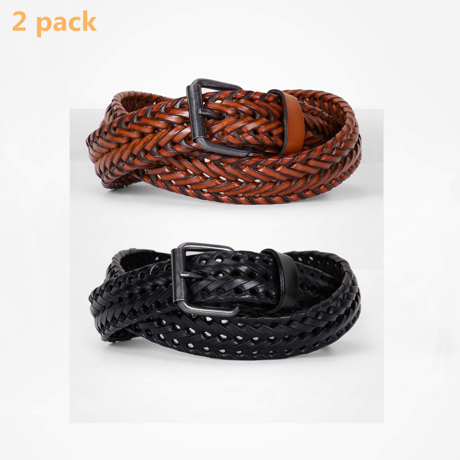 WERFORU 2 Pack Men’s Leather Braided Belt, Cowhide Leather Woven Belt for Jeans 1.3 Inch Wide with Prong Buckle,Black+Orange Brown,Fits Pants Size 34-38 Inches