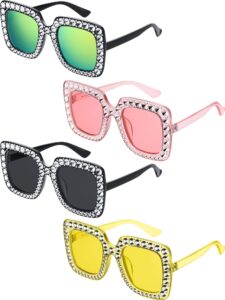 frienda oversize square sparkling sunglasses retro thick frame sunglasses (light yellow, clear pink, gray, pink, 4 pieces)