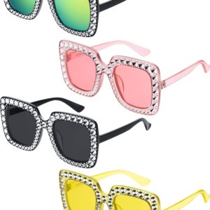 Frienda Oversize Square Sparkling Sunglasses Retro Thick Frame Sunglasses (Light Yellow, Clear Pink, Gray, Pink, 4 Pieces)