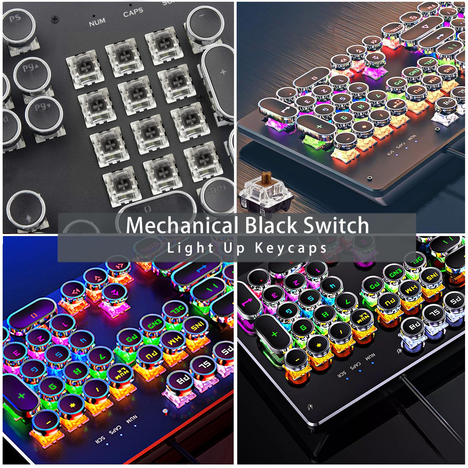 Basaltech Keyboard Wired, Typewriter Style Mechanical Keyboard with LED Backlight, Steampunk Keyboard with 104-Keys Round Keycaps, Black Switch Wired Keyboard for Computer or Mac