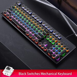 Basaltech Keyboard Wired, Typewriter Style Mechanical Keyboard with LED Backlight, Steampunk Keyboard with 104-Keys Round Keycaps, Black Switch Wired Keyboard for Computer or Mac