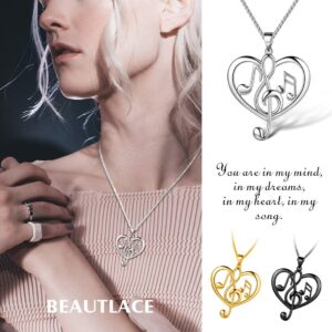 beautlace Women's Musical Note Necklace Silver Plated Love Heart Treble Clef Music Note Pendant Jewelry Gifts for Music Lover KP0057W