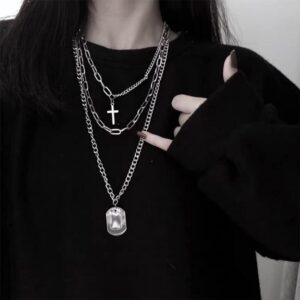 YERTTER Dainty Unique Punk Layering Silver Chain Choker Necklace Boho Jewelry Set Layered Cross Pendant Statement Chunky Chain Necklace for Women Man