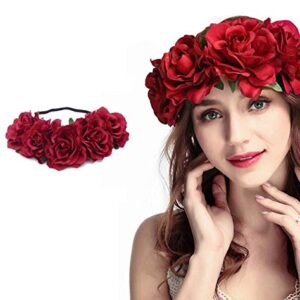 DNHCLL Rose Flower Crown, Floral Headpiece for Women and Girls - Red Artificial Rose Hair Wreath with Headband