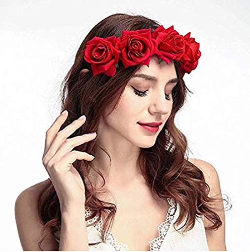 DNHCLL Rose Flower Crown, Floral Headpiece for Women and Girls - Red Artificial Rose Hair Wreath with Headband