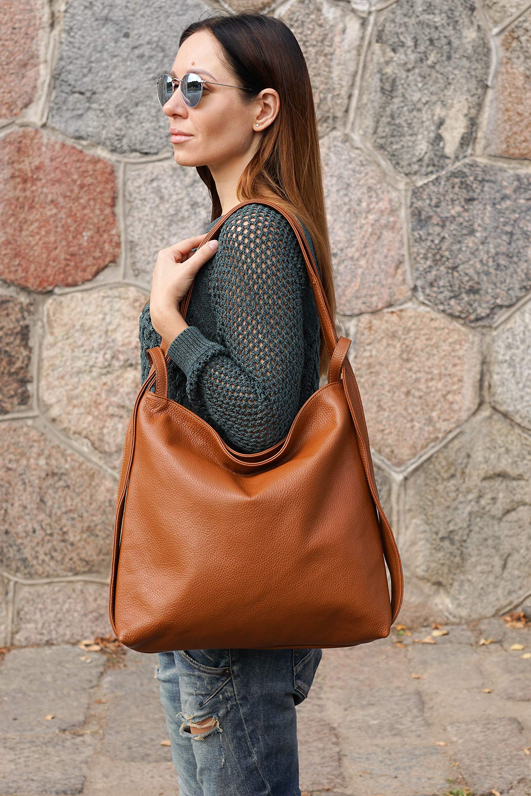 TimeStoryBag Women Leather Backpack/Purse- Handmade Convertible Hobo Shoulder Bag from Genuine Leather Cognac