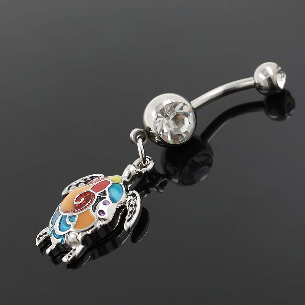 Excepro 14G(1.6mm) Multicolor Sea Turtle Curved Barbell Dangle Belly Button Ring 316L Stainless Steel