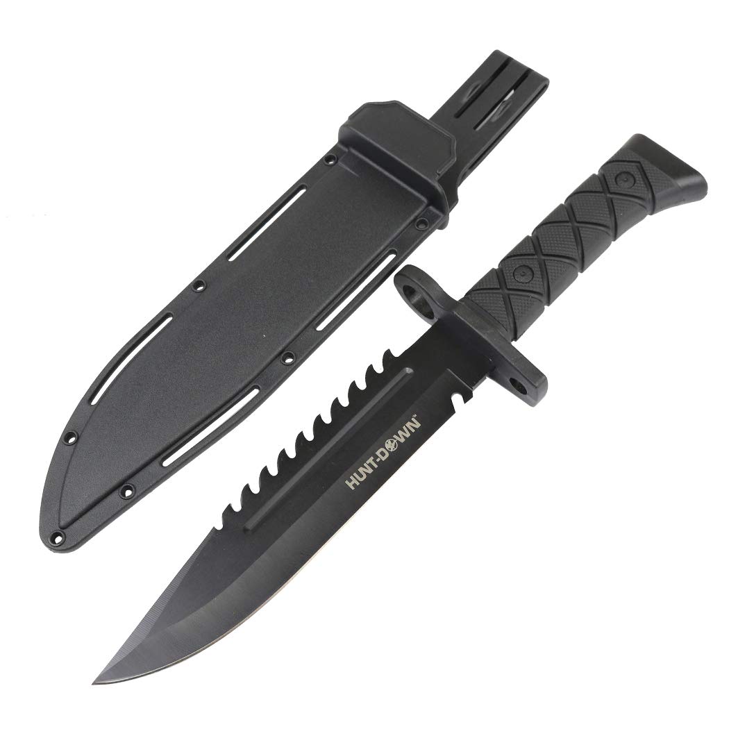 HUNT-DOWN 14.5" Tactical Hunting Knife ABS Handle 3CR13 Stainless Steel All Black