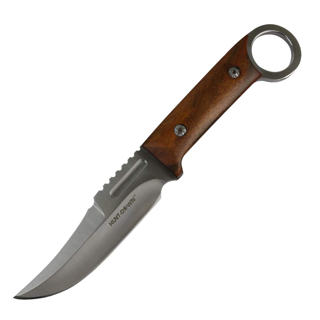 HUNT-DOWN 9.5" Full Tang Hunting Knife Fixed Blade Wood Handle Stainless Steel