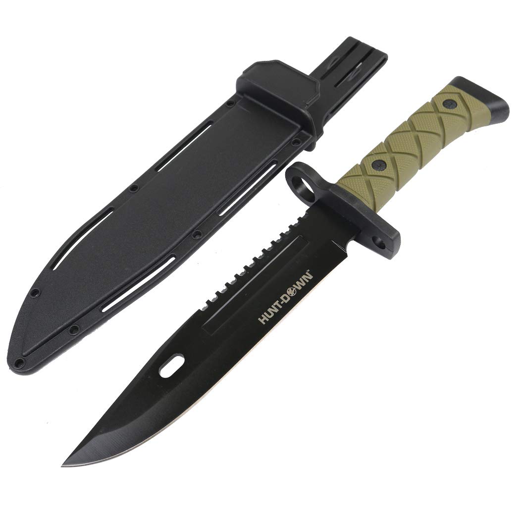 HUNT-DOWN 14.5" Tactical Hunting Knife ABS Handle 3CR13 Stainless Steel Green