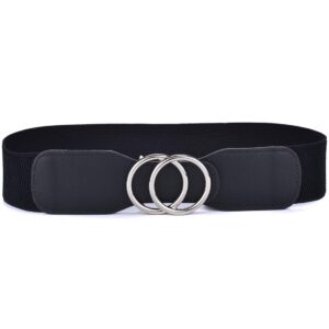 beltox women’s elastic stretch wide waist belts w double rings gold/silver buckle (black w silver buckle, xs-l(27-35 inch stretch range))