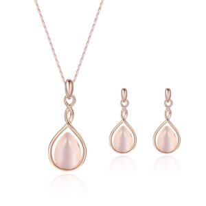 Rose Gold Jewelry Sets for Women Pink Teardrop Pendant Necklace and Earring Set Embellished with Opal Fashion Wedding Jewelry Gift for Brides and Bridesmaid