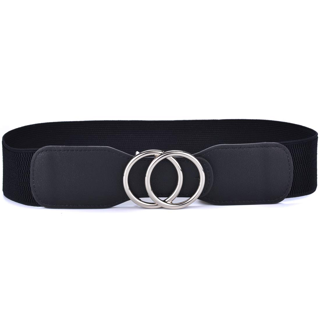 Beltox Women’s Elastic Stretch Wide Waist Belts w Double Rings Gold/Silver Buckle (Black w Silver Buckle, L-XXL(37-47 inch stretch range))