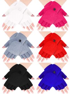 satinior 6 pairs women convertible gloves winter flip fingerless mittens thick knitted half finger gloves with cover(black, white, gray, rose red, red, royal blue)